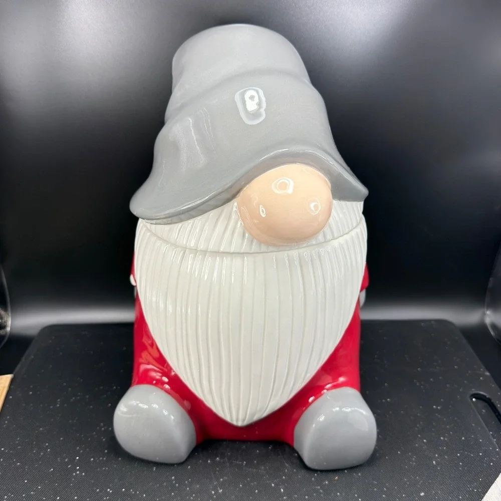 Pottery Barn Christmas Gnome Cookie Jar Red Canister Ceramic Holiday Large NEW
